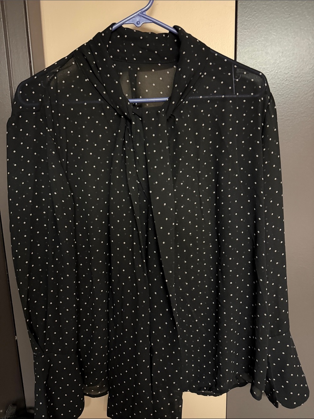 Black Polka Dot Tie-Neck Blouse